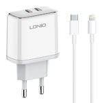 Ldnio Ladegerät mit 2 USB-C Anschlüsse und Kabel USB-C - Lightning 35W Stromlieferung Weißs (A2528M)