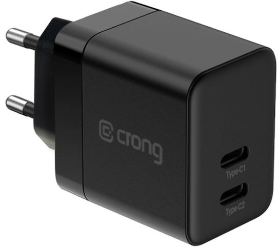 Crong Φορτιστής Χωρίς Καλώδιο GaN με 2 Θύρες USB-C 35W Power Delivery Μαύρος (CRG-GNCC35-BLK)