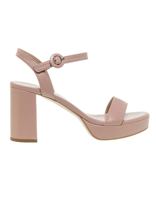 Mourtzi Platform Leather Women's Sandals with Ankle Strap Pink with Chunky Medium Heel