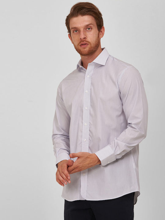 Blue Cotton Rex Striped Evening Shirt with Modern Fit Kaiserhoff Collar, All Day, Business