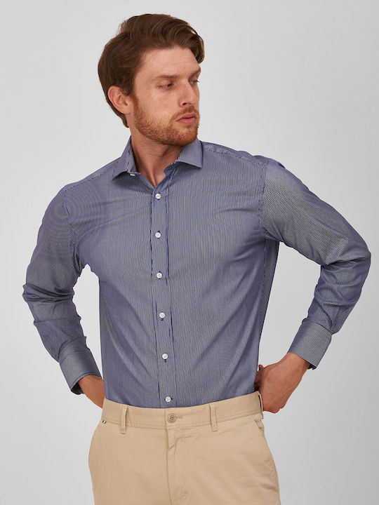 Blue Cotton Rex Striped Evening Shirt with Modern Fit Kaiserhoff Collar, All Day, Business