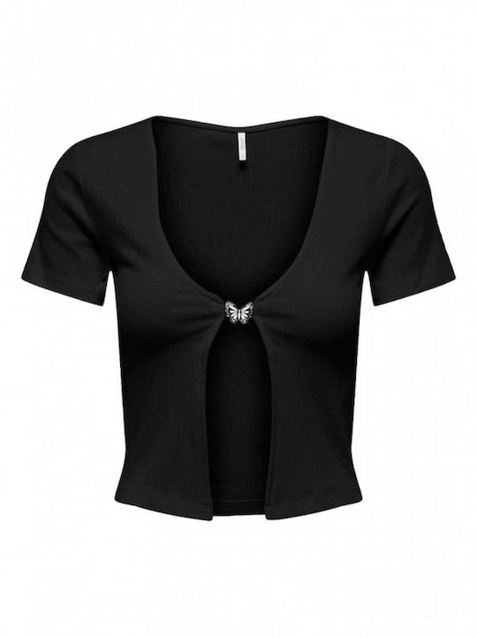 Only pentru Femei de Vară Crop Top din Bumbac cu Mâneci Scurte Monocrom Negru