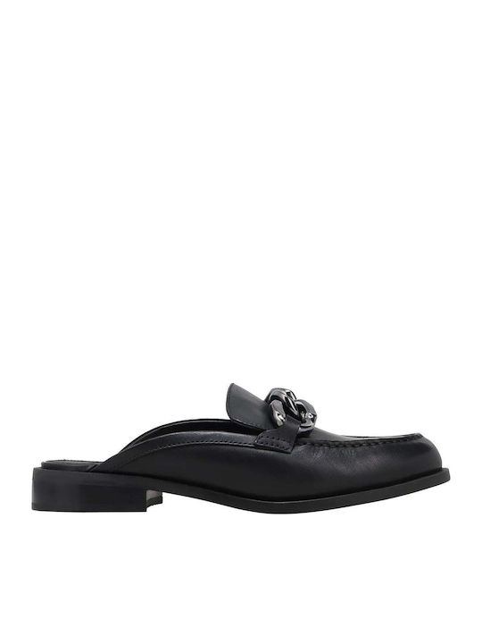 Scarlett Flat Leather Mules in Black Color