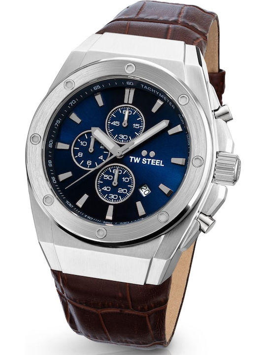 TW Steel Ανδρικό Ρολόι 44mm Χρονογράφος Μπαταρίας με Καφέ Δερμάτινο Λουράκι