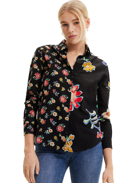 Langärmelig Damen Hemd Schwarz Blumen