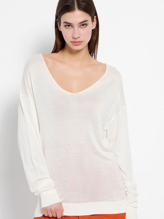 Funky Buddha Women's Blouse Long Sleeve with V Neckline Off White