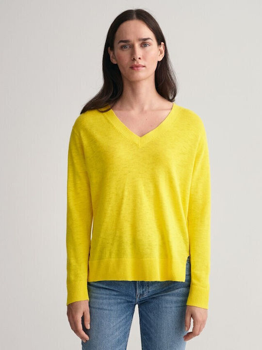Bluza Damă Din In Mânecă Lungă Cu Decolteu În V Galbenă