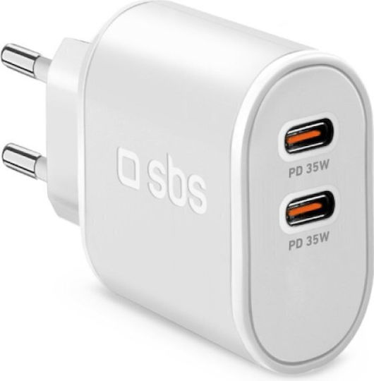 SBS Φορτιστής Χωρίς Καλώδιο με 2 Θύρες USB-C 35W Power Delivery Λευκός (TR2CPD35W)