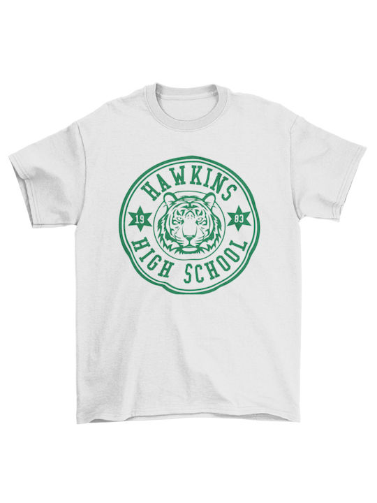 T-shirt Stranger Things Hawkinsphysed High School σε Λευκό χρώμα