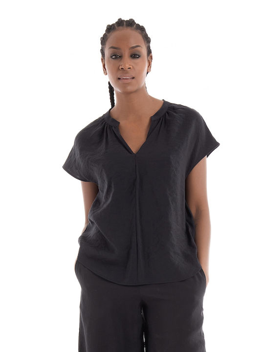 Vero Moda Women's Summer Blouse Short Sleeve with V Neck Black