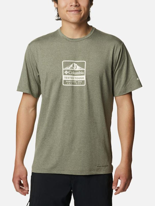 Columbia Tech Trail Men's Athletic T-shirt Short Sleeve Stone Green Hthr/ Tested Tough PDX Grx