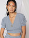 Ady Women's Summer Crop Top Short Sleeve with V Neckline Navy Blue
