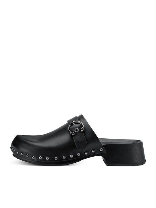 Tamaris Δερμάτινα Mules με Χοντρό Χαμηλό Τακούνι σε Μαύρο Χρώμα