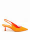 Leather Pointed Toe Orange Medium Heels with Strap