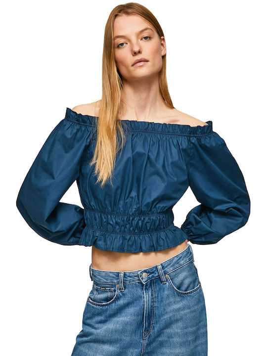Pepe Jeans Women's Crop Top Off-Shoulder with 3/4 Sleeve Blue