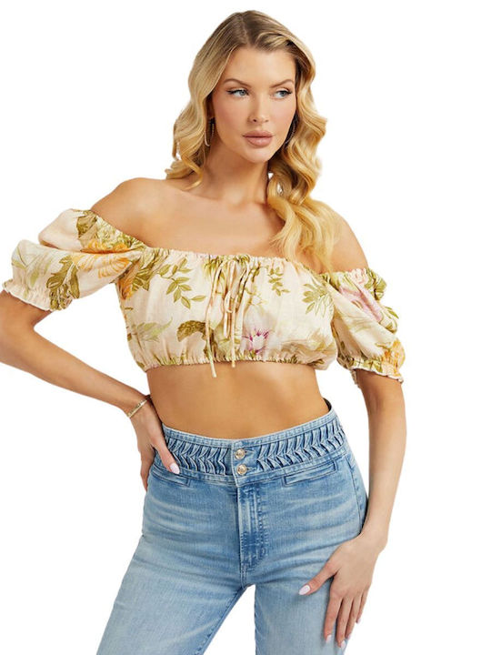 Γυναικείο Καλοκαιρινό Crop Top Off-Shoulder Λινό Κοντομάνικο Floral Μπεζ