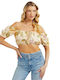 Guess Women's Summer Crop Top Off-Shoulder Linen Short Sleeve Floral Beige