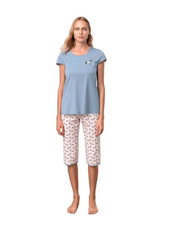 Vamp Sommer Damen Pyjama-Set Baumwolle Hellblau