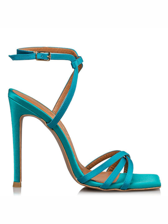 Envie Shoes Leather Women's Sandals Turquoise with Thin High Heel