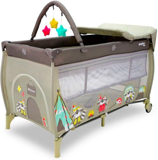Asalvo Complet Raccoon Loc de joacă 2 Nivele cu Schimbător & Saltea Kaki 125x65cm