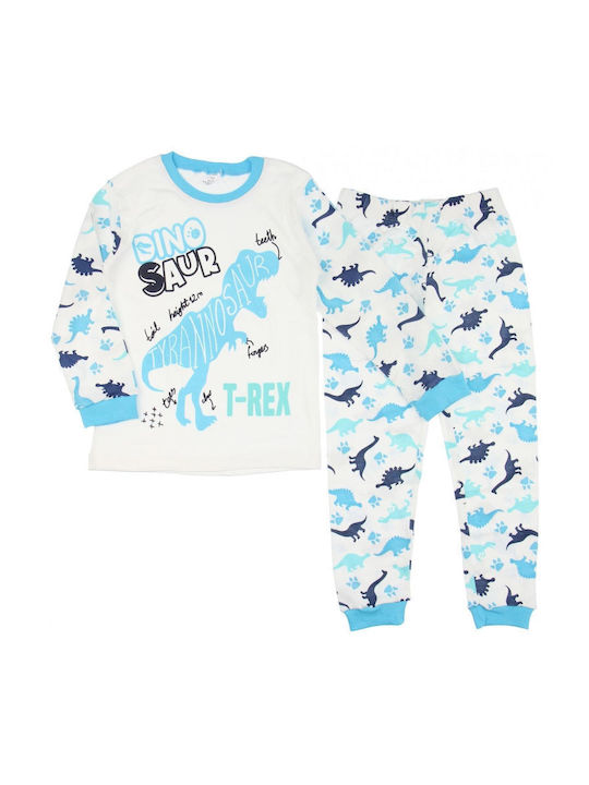 Supermini Dinosaur T-Rex Set Top & Bottom Kids Winter Cotton Pyjamas Light Blue