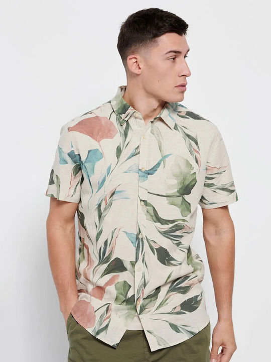 FBM007-03105 Short-sleeved Linen Shirt Floral Beige