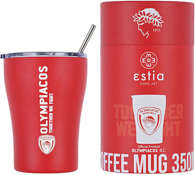 Estia Coffee Mug Save The Aegean Glas Thermosflasche Rostfreier Stahl BPA-frei Olympiacos B.C. Edition 350ml mit Stroh