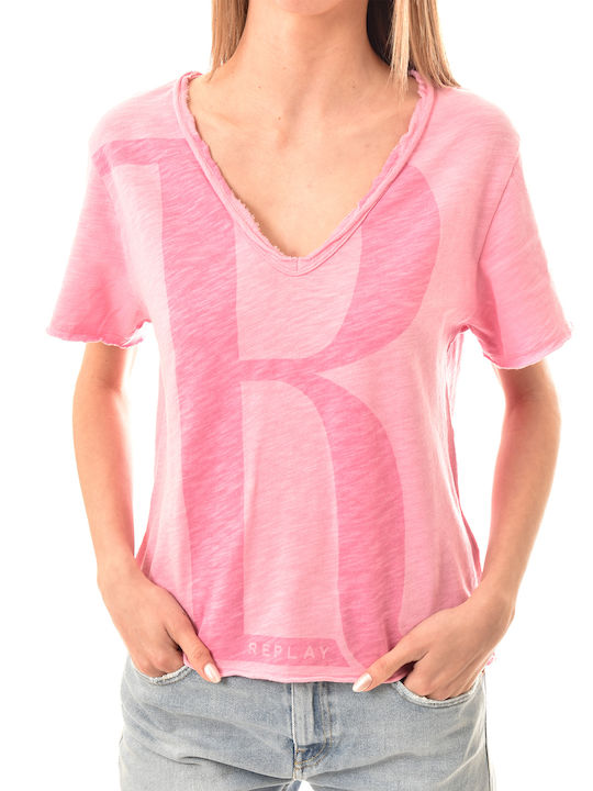 Replay Γυναικείο T-shirt Ροζ με Λαιμόκοψη V και Στάμπα
