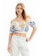 Desigual Damen Sommer Crop Top Schulterfrei Baumwolle Kurzarm mit V-Ausschnitt Weiß