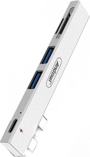 Andowl USB-Hub 5 Anschlüsse USB 3.0 mit USB-C Anschluss Silber