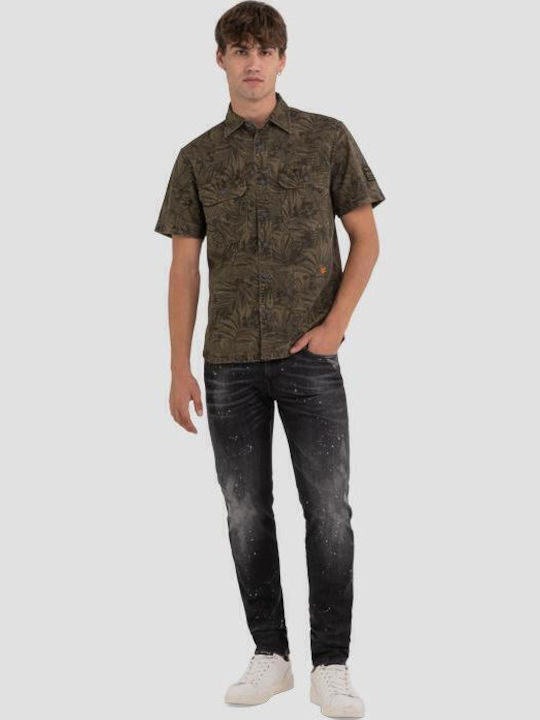 Tropical Short-sleeved Cotton Shirt Floral Khaki