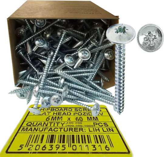 Lih Lin MDF Screw Phillips Galvanized with Diameter M6 and Length 60mm 100pcs Washer