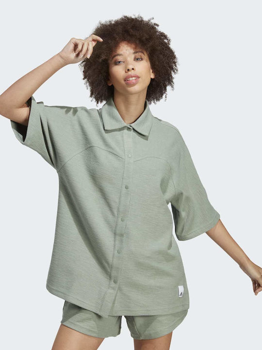 Lounge Terry Loop Kurzärmelig Damen Hemd Silver Green Monochrom
