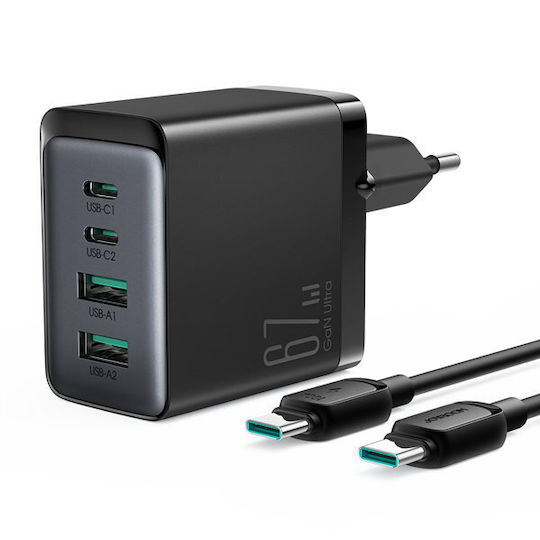 Joyroom Charger GaN with 2 USB-A Ports and 2 USB-C Ports and Cable USB-C - USB-C 67W Power Delivery Blacks (TCG02)