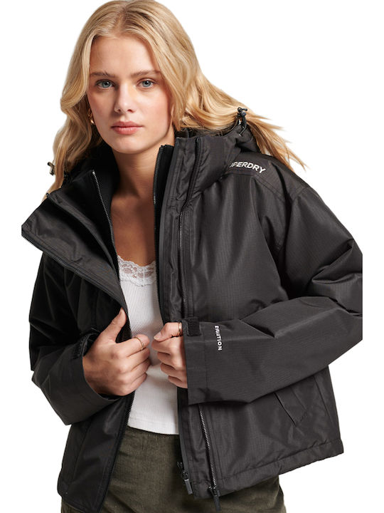 Superdry Women's Short Lifestyle Jacket Windproof for Winter with Hood Black