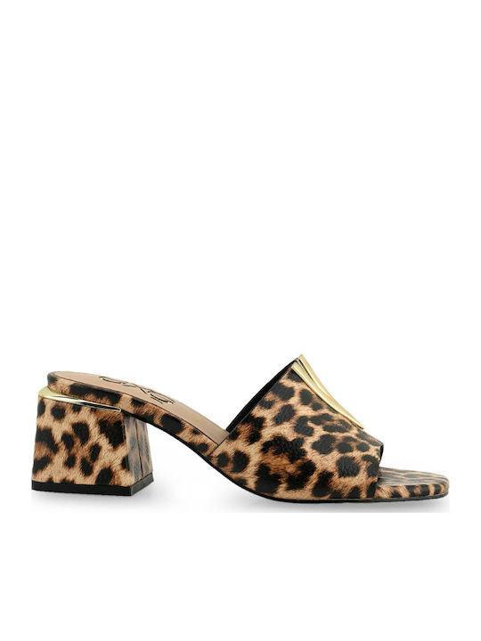 Exe Mules mit Chunky Niedrig Absatz Beige Leopard
