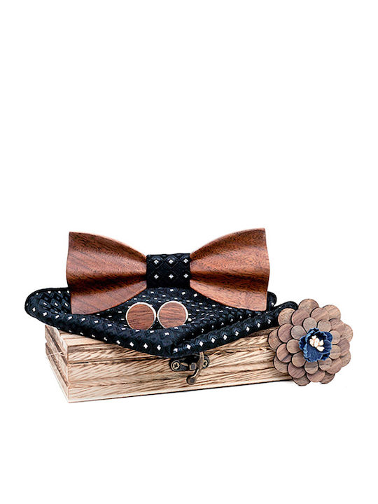 Legend Accessories Σετ Ξύλινo Παπιγιόν με Μανικετόκουμπα & Καρφίτσα Καφέ