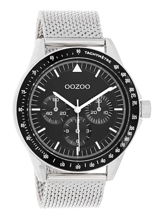 Oozoo Timepieces Ανδρικό Ρολόι 45mm Χρονογράφος Μπαταρίας με Ασημί Μεταλλικό Μπρασελέ