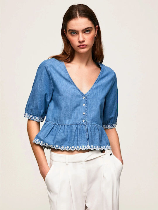 Pepe Jeans Damen Sommerliche Bluse Kurzärmelig mit V-Ausschnitt Blau