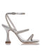 Sante Synthetic Leather Women's Sandals with Strass & Ankle Strap Silver with Thin High Heel