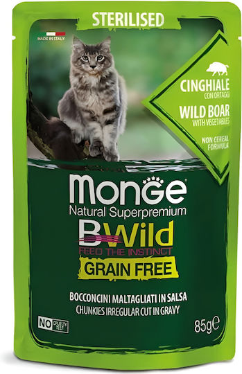 Monge Bwild Grain Free Wet Food for Adult Cats in Pouches with Turkey, Bushmeat, Vegetables, Liver and Pork Grain-Free 85gr