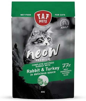 T.A.F. Pets Neow Premium Wet Food for Adult Cats in Pouches with Turkey and Rabbit 80gr
