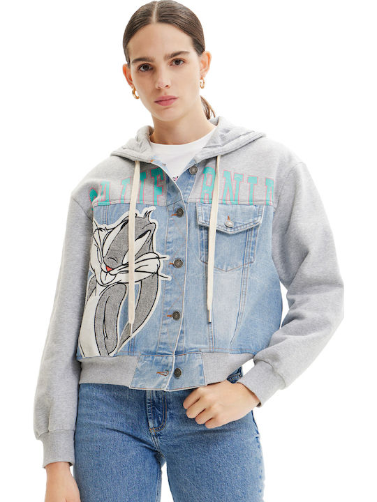 Bunny Trucker Women's Jean Jacket for Spring or Autumn with Hood Gray