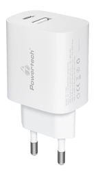 Powertech Ladegerät ohne Kabel mit USB-A Anschluss und USB-C Anschluss 20W Stromlieferung / Schnellaufladung 3.0 Weißs (PT-1040)