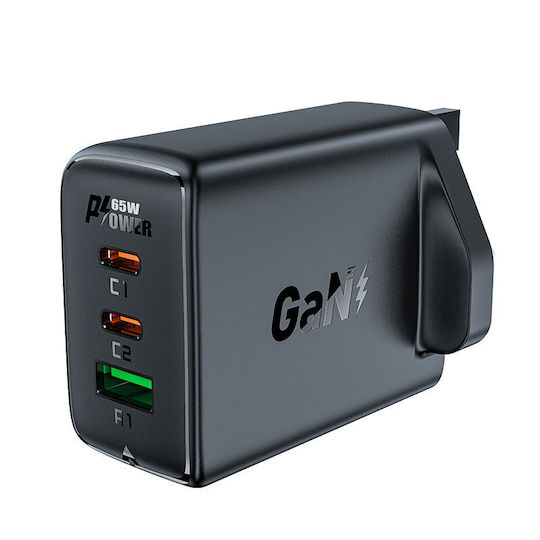 Acefast Φορτιστής Χωρίς Καλώδιο GaN με Θύρα USB-A και 2 Θύρες USB-C 65W Power Delivery Μαύρος (A44 UK Plug)