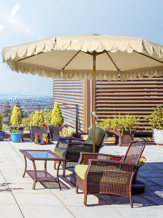 Circular Wooden Khaki Garden & Terrace Parasol Φ2.65xH2.355m
