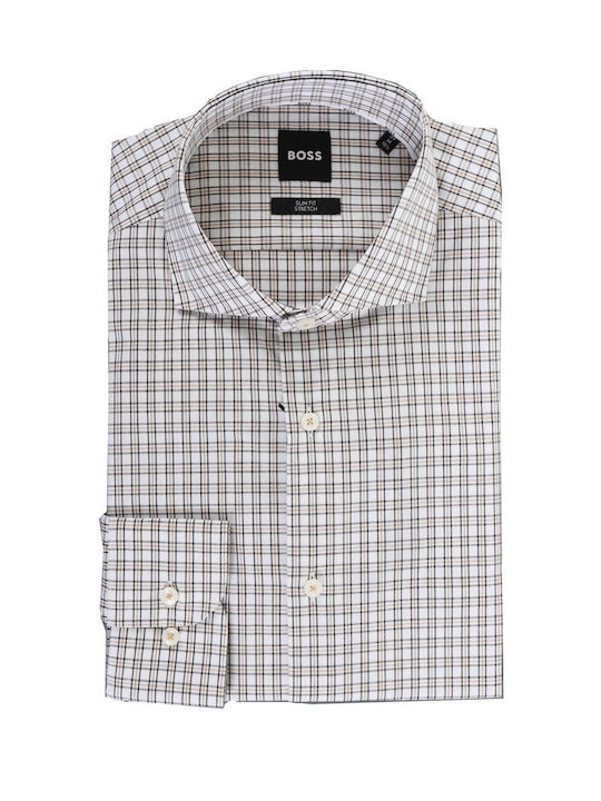 Hugo Boss Men's Shirt Long Sleeve Cotton Checked Beige