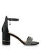 Exe Women's Sandals with Strass & Ankle Strap Black with Chunky Medium Heel