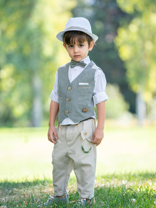 Stova Bambini Costum de Botez cu Vestă pentru Băiat Kaki 7buc