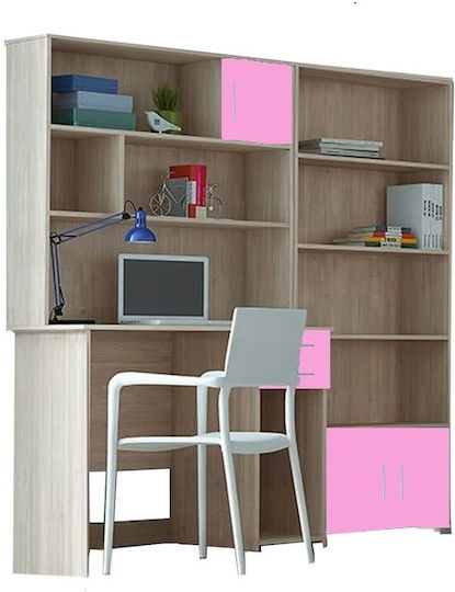 No 8 Детско бюро с библиотека от меламин Oak - Pink 175x55x180см